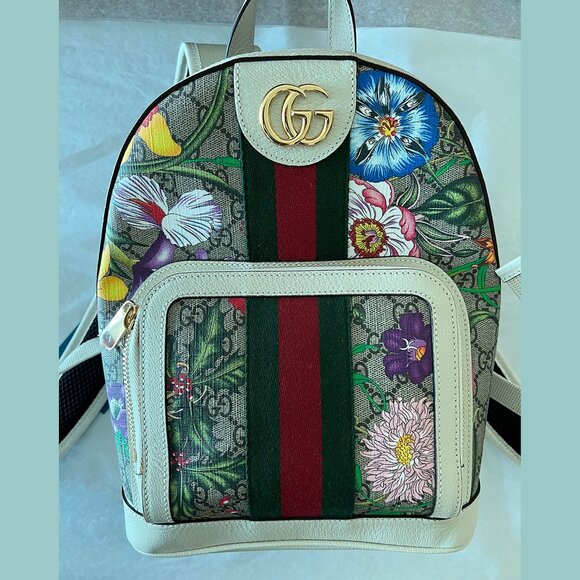 Gucci Ophidia Flora Beige White Leather Canvas Backpack Shoulder Bag Italy NEW main image 8